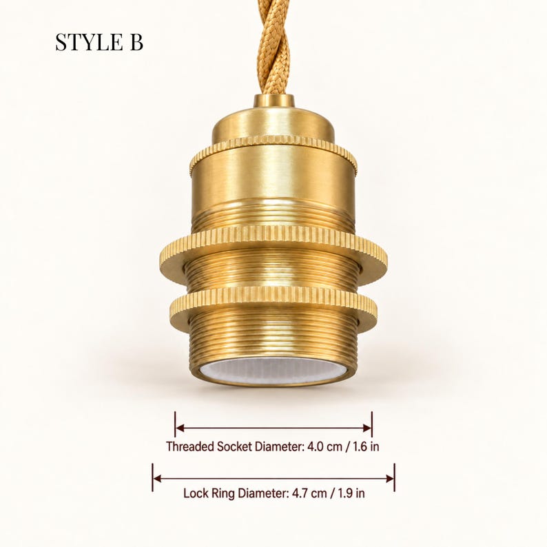 Style B brass E26 lamp socket with gold braided cord, featuring a 4.0 cm threaded socket and 4.7 cm shade-locking ring.