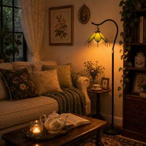 Green stained glass floor lamp illuminated with warm ambient lighting for cozy bedroom, reading nook and living room