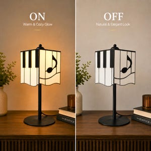 Warm ON and OFF comparison of piano stained glass table lamp