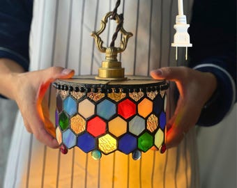 Lampe à suspension colorée en vitrail et mosaïque, lampe suspendue enfichable en laiton