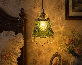 Vintage Green Glass Plug In Pendant Light, Bedside Swag Lamp