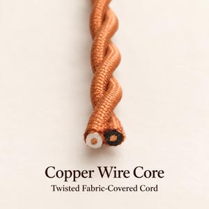 Close-up of a terracotta twisted fabric-covered pendant cord, showing two cut ends with black and white insulation surrounding stranded copper wire cores.