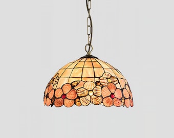 Handmade Tiffany-Style Shell Pendant Light: Floral Stained Glass Lampshade