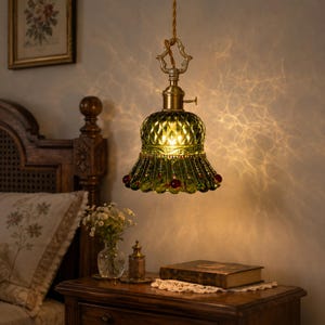 Green Glass Pendant Light, Vintage Bedside Hanging Lamp, Small Entryway Breakfast Nook Lighting
