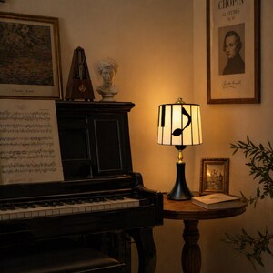 Music note stained glass table lamp styled in a warm piano room corner for music lovers and pianists.