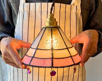 Plug In Swag Pendant Light, Pink Stained Glass Hanging Lamp for Bedside Reading Nook