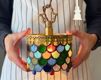 Lampe suspendue vintage en vitrail coloré en laiton avec cordon enfichable