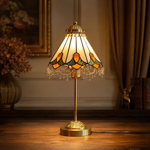 May include: A vintage-style table lamp with a stained glass shade. The shade is cream-colored with orange and green accents and a beaded fringe. The lamp has a brass base and stem, and it is plugged into an electrical outlet.