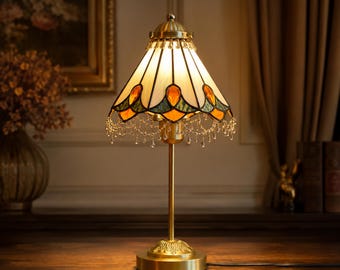 Vintage Stained Glass Table Lamp, French Style Bedside Accent Light