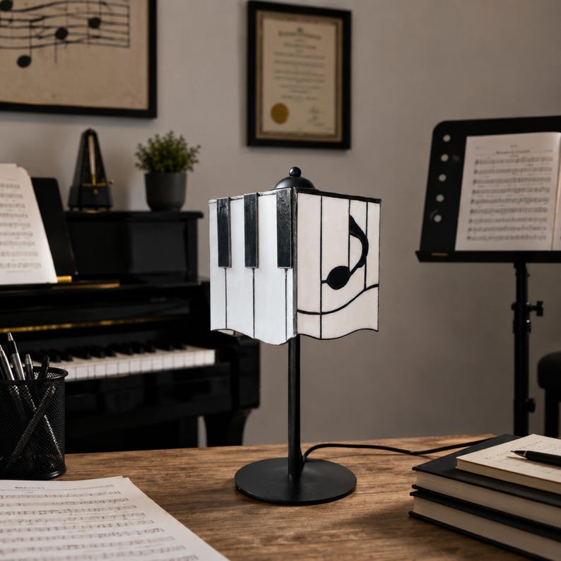 Music studio scene with piano stained glass table lamp, sheet music, music stand, and teaching room decor