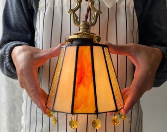 Mini Stained Glass Plug In Pendant Light, Vintage Bedside Hanging Lamp for Reading Nook