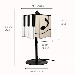 Piano stained glass table lamp size chart showing 36 cm height, 21 cm shade width, 16 cm shade height, and 15 cm base diameter.