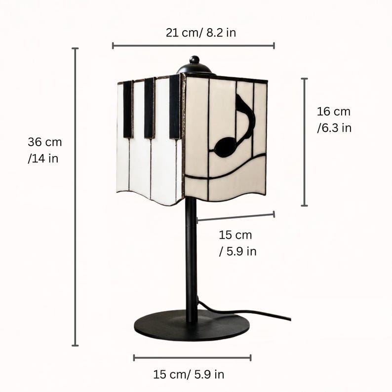 Piano stained glass table lamp size chart showing 36 cm height, 21 cm shade width, 16 cm shade height, and 15 cm base diameter.
