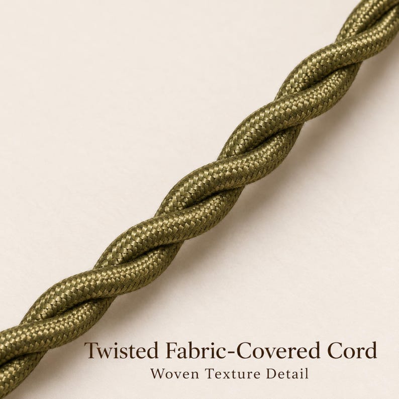 Close-up of an olive-green fabric-covered pendant cord, showing two strands twisted together and the fine woven texture against a cream background.
