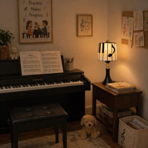 Piano-themed table lamp in a children’s music practice corner with piano, music books, and warm room lighting.