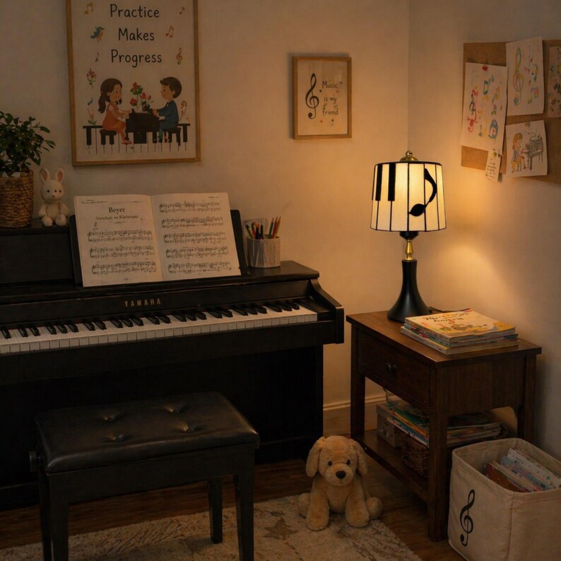 Piano-themed table lamp in a children’s music practice corner with piano, music books, and warm room lighting.