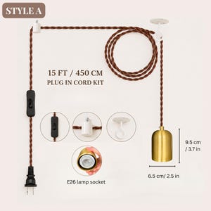 15 Ft Plug In Pendant Light Cord Kit with Switch and Optional E26 Socket