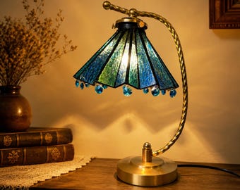 Blue Green Stained Glass Table Lamp for Reading Nook, Bedroom Nightstand, Graduation Gift
