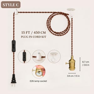 Style C pendant light cord kit with brown twisted cable, inline switch and antique brass E26 rotary-key socket.