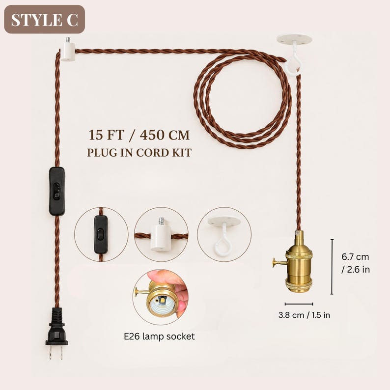 Style C pendant light cord kit with brown twisted cable, inline switch and antique brass E26 rotary-key socket.