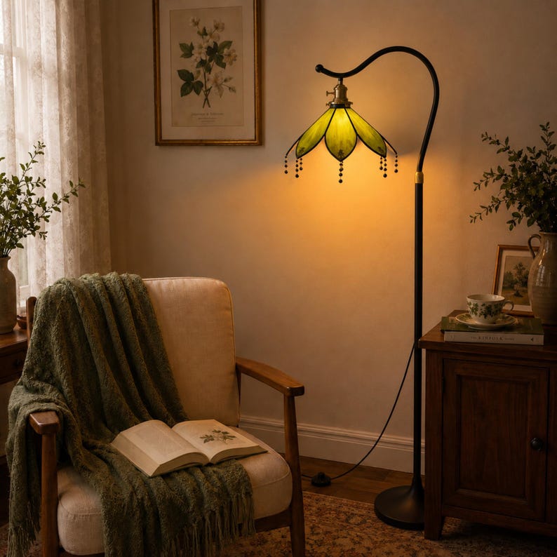 Green Stained Glass Floor Lamp with Elegant Curved Arm, Vintage Reading Lamp for Living Room, Bedroom and Cozy Reading Nook