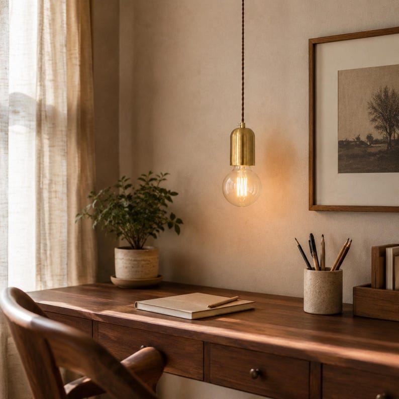 Style A brass plug-in pendant with G95 globe bulb providing focused lighting over a home office writing desk.