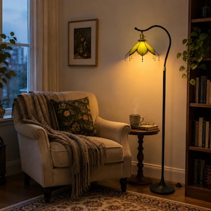 Handmade Green Stained Glass Floor Lamp beside a Cozy Reading Chair, Vintage Accent Lighting for Reading Nook and Living Room