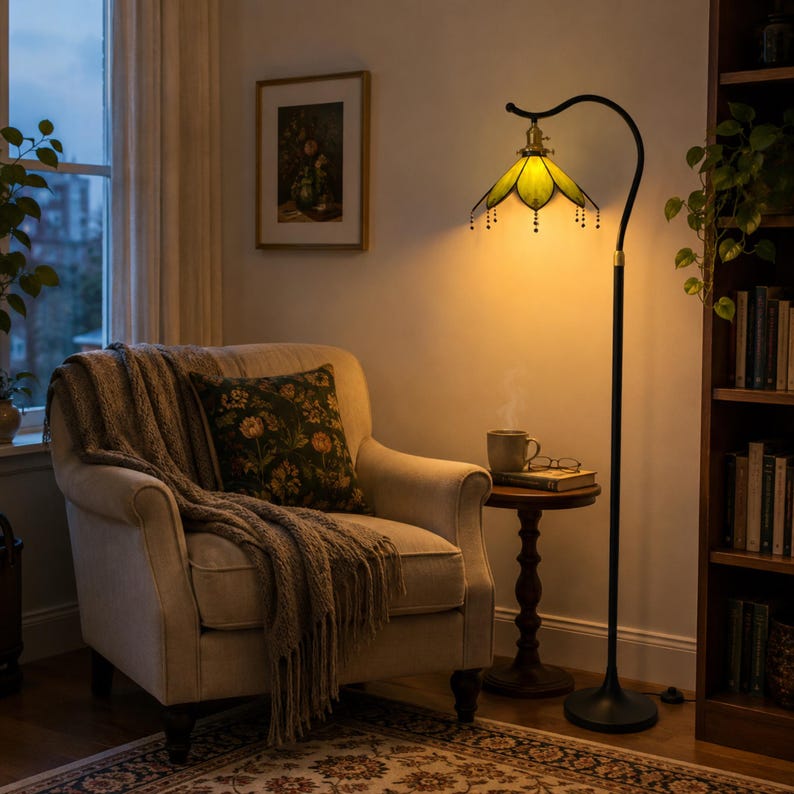 Handmade Green Stained Glass Floor Lamp beside a Cozy Reading Chair, Vintage Accent Lighting for Reading Nook and Living Room