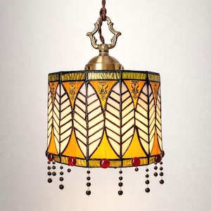 Handmade Stained Glass Pendant Light Leaf Pattern Plug In Hanging Lamp