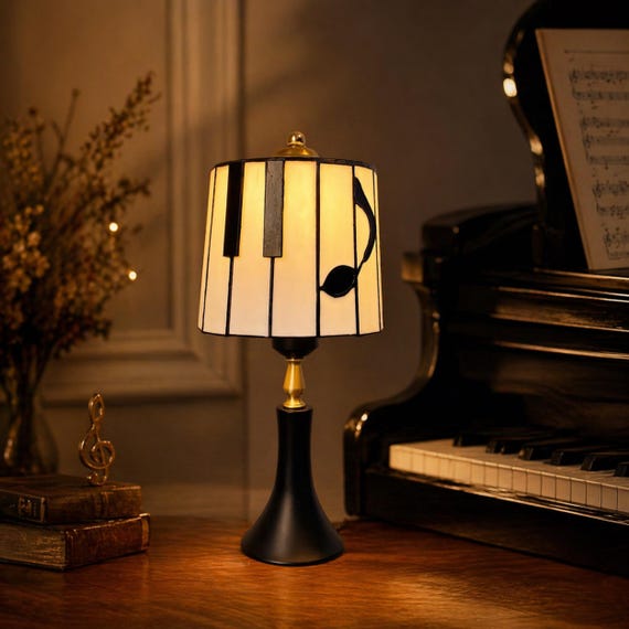 Piano Stained Glass Table Lamp, Music Note Bedside Desk Light, Gift for Graduation