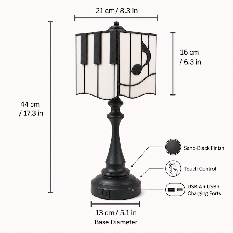 Sand-Black Finis Touch Control with USB-A + USB-C Charging Ports table lamp base.