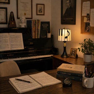 Piano stained glass lamp on a teacher’s studio side table beside music books, sheet music, and a black piano.