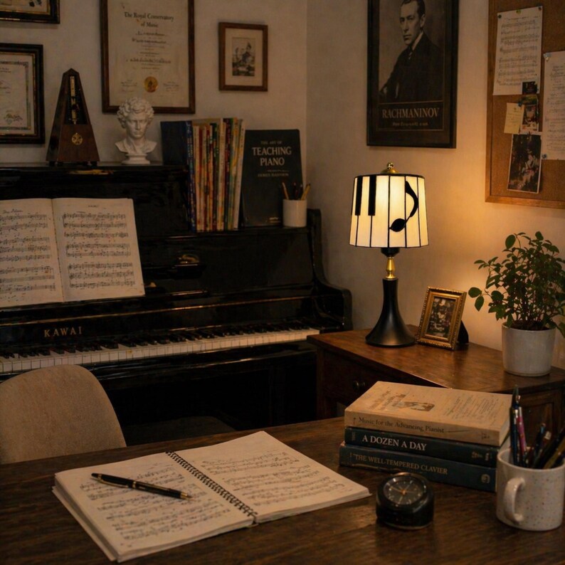 Piano stained glass lamp on a teacher’s studio side table beside music books, sheet music, and a black piano.