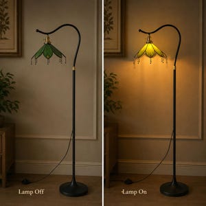 Green Stained Glass Floor Lamp Showing Lamp Off and Warm Ambient Light When Switched On