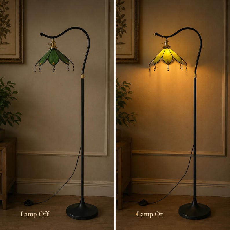 Green Stained Glass Floor Lamp Showing Lamp Off and Warm Ambient Light When Switched On