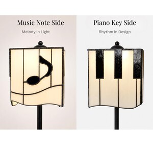Piano key side and note side details of handmade stained glass table lamp