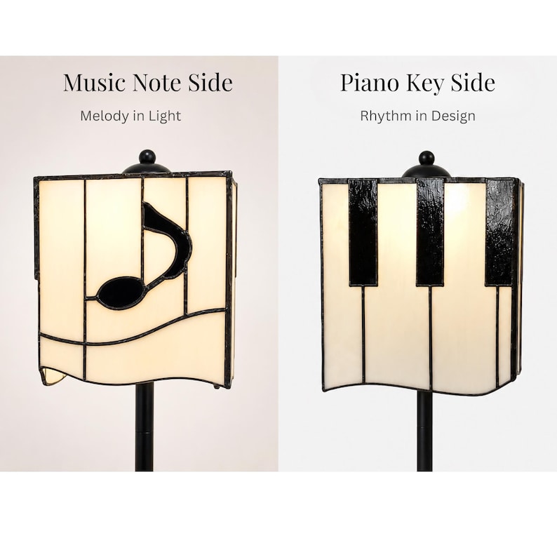 Piano key side and note side details of handmade stained glass table lamp