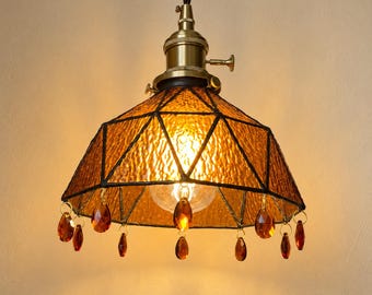 Amber Stained Glass Pendant Light with Crystal Drops, Vintage Cottage Kitchen and Bedside