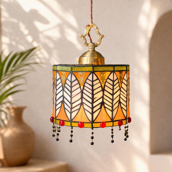 Handmade Stained Glass Pendant Light Leaf Pattern Plug In Hanging Lamp