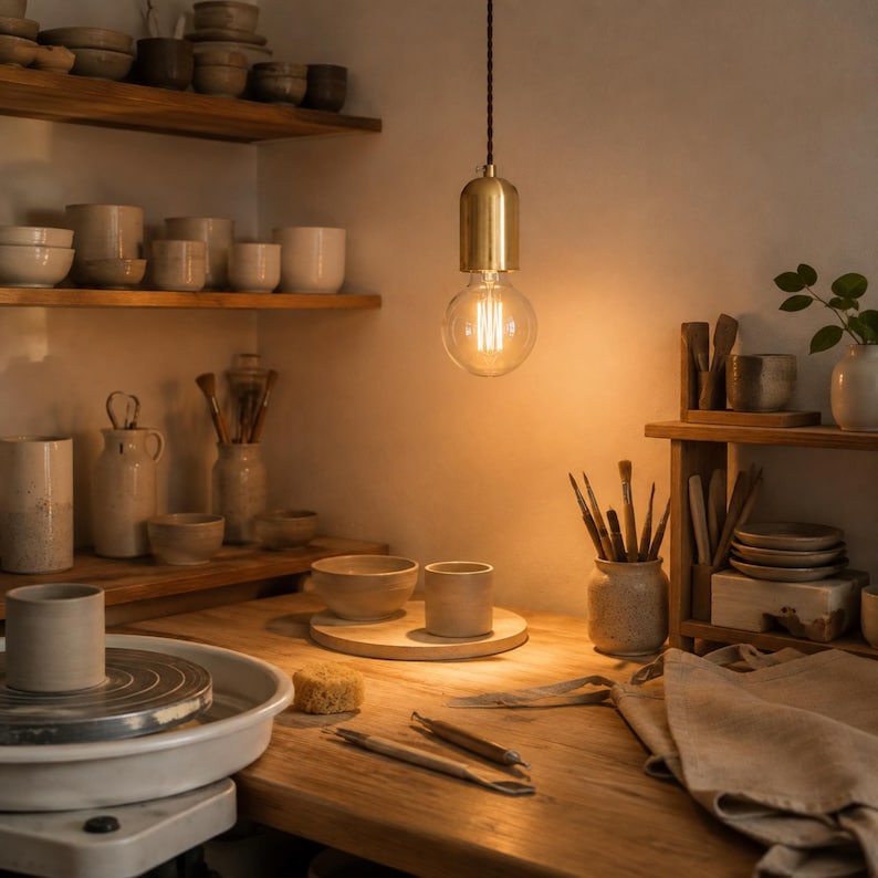 Style A brass hanging light with G95 globe bulb providing warm task lighting in a pottery and ceramics studio.