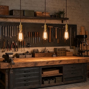 Three Style C brass pendant lights with ST64 Edison bulbs illuminating an industrial garage workshop and tool bench.