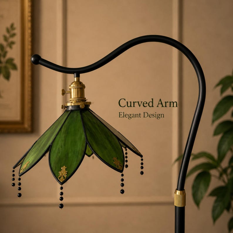 Elegant curved arm floor lamp with handmade green stained glass shade for vintage living room and reading corner