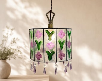 Purple Floral Glass Plug in Pendant Light, Vintage Cottagecore Hanging Lamp, Romantic Bedroom Decor