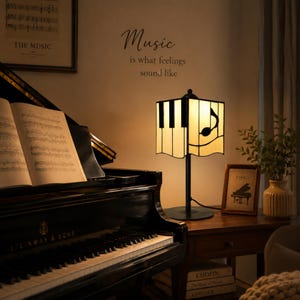 Music room scene with glowing piano key and music note stained glass lamp beside a grand piano