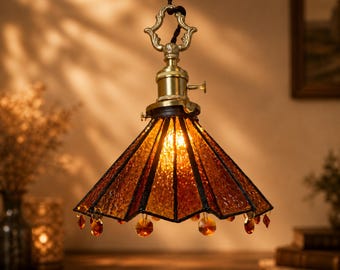Amber Stained Glass Pendant Light, Vintage Brass Hanging Lamp, Reading Nook Accent