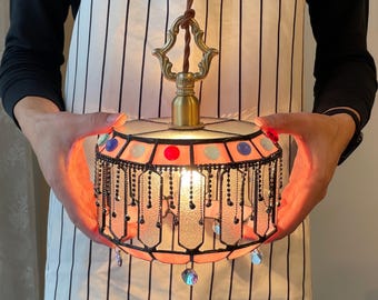 Pink Stained Glass Pendant Light with Crystal Fringe Plug In Hardwired Bedroom Kitchen Island