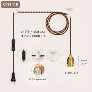 Style B plug-in pendant cord kit with inline on-off switch, hanging hooks and compact vintage brass E26 socket.