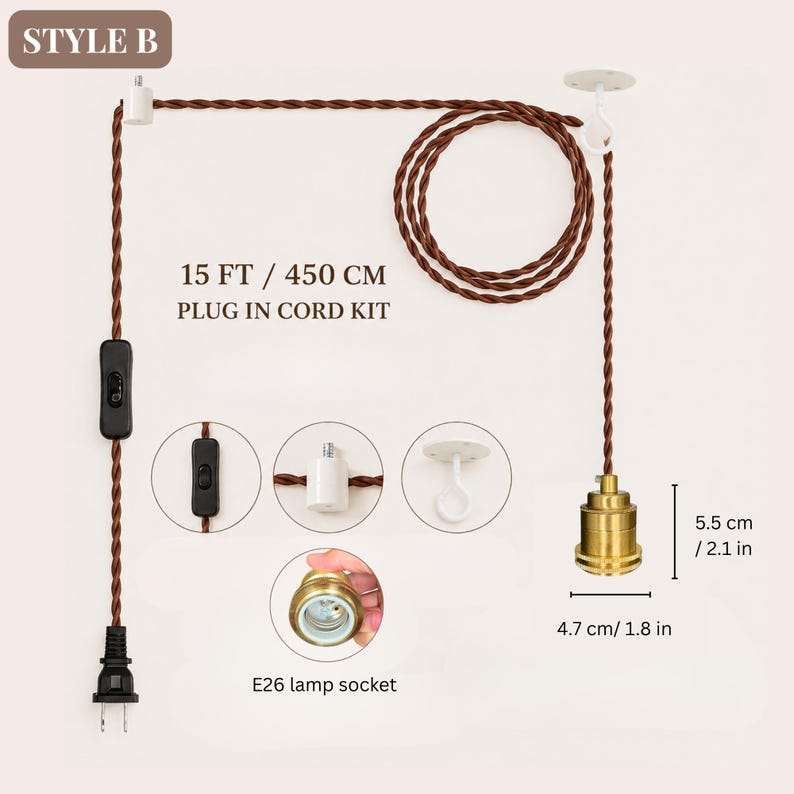 Style B plug-in pendant cord kit with inline on-off switch, hanging hooks and compact vintage brass E26 socket.