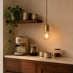 Style A brass hanging light with clear G95 globe bulb illuminating a home coffee bar with espresso maker and mugs.