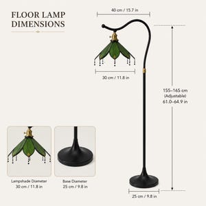 Elegant Crescent Curved Arm Floor Lamp with Handmade Green Stained Glass Shade and Antique Brass Hardware